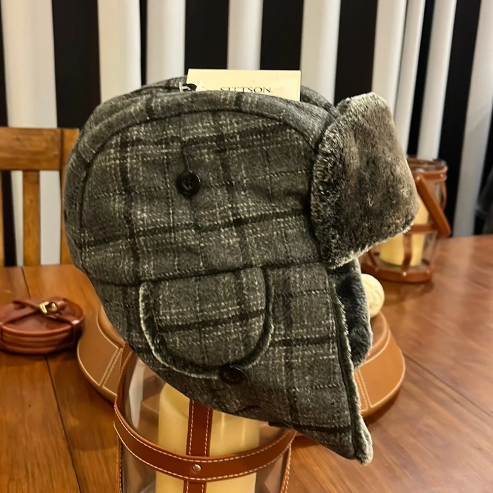 Stetson Winter Trapper Earflap Hat Cap plaid check grey Hunting Mens Size Large